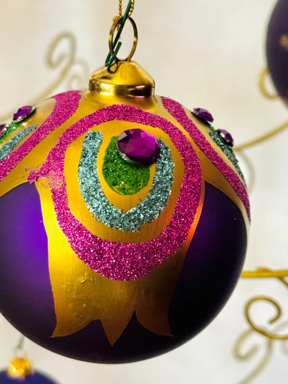 5 Peacock Feather Christmas Tree Ornaments Purple Teal Gold Glittered Gemstone
